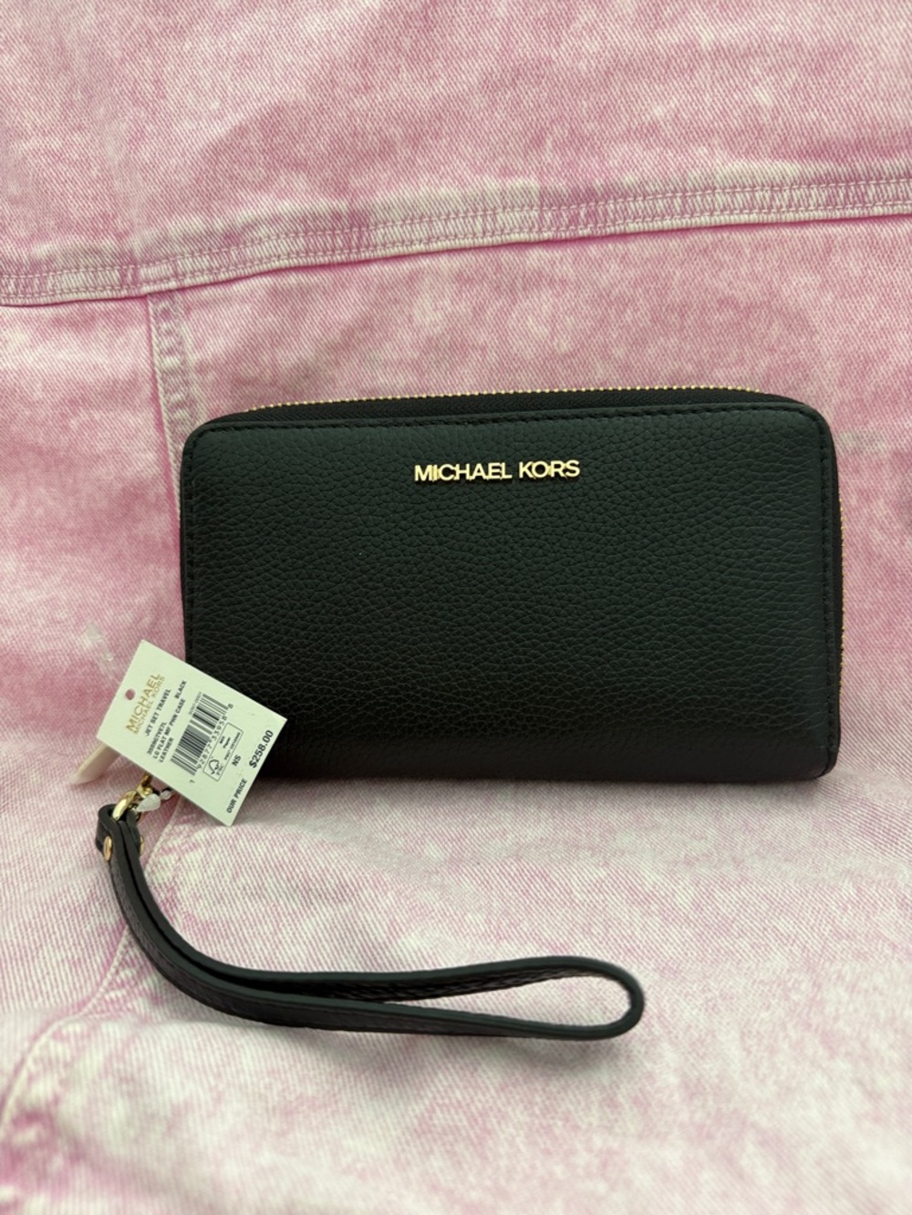 Michael Kors Black Pebbled Leather Zip Wristlet with Gold Logo